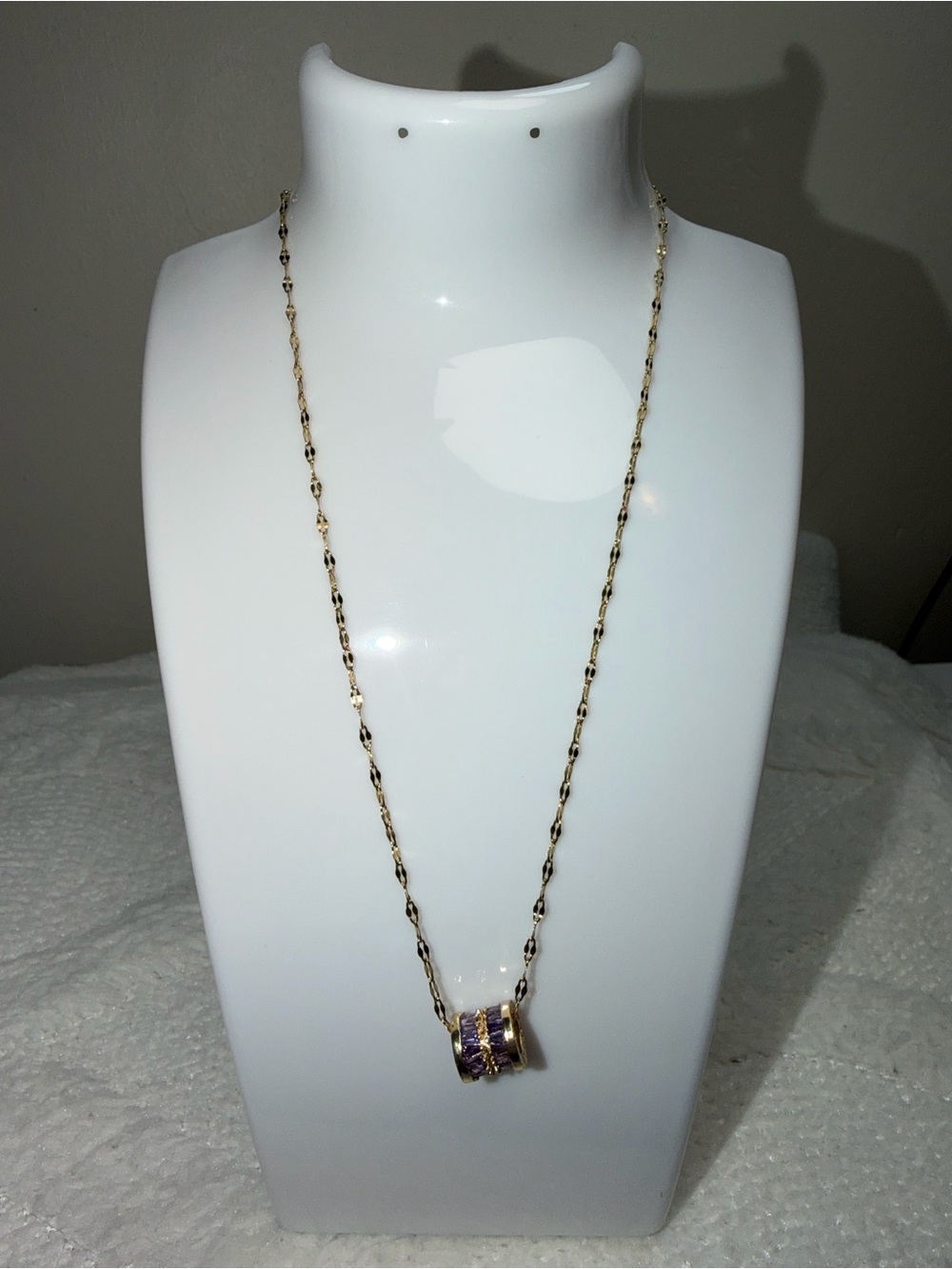 Gold Chain Necklace with Purple Stone Barrel Pendant -